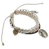 White Leather Braided Bracelet with St. Benedict Charm - Adjustable Size, Sliding Tie Knot Closure