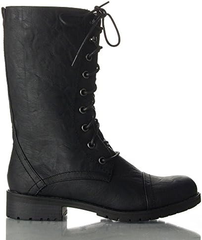 Women's Military Combat Colored Lace Up Mid Calf Boots With Zipper Closure NEW BLACK PU (9)