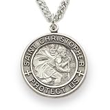 1" Sterling Silver Round Engraved St. Christopher Medal on 24" Chain