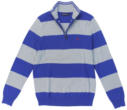 Nautica Men's 12 Gauge Rugby Stripe 1/4 Zip Sweater (Large, Blue/Grey)