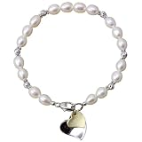 Silver Twist White Cultured Pearl Bracelet w. Double Heart Shaped Charm