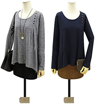 XIANKI Women Fall Cotton Blended Scoop Neck False Two Patchwork Pullover Dress Gray XXXXL