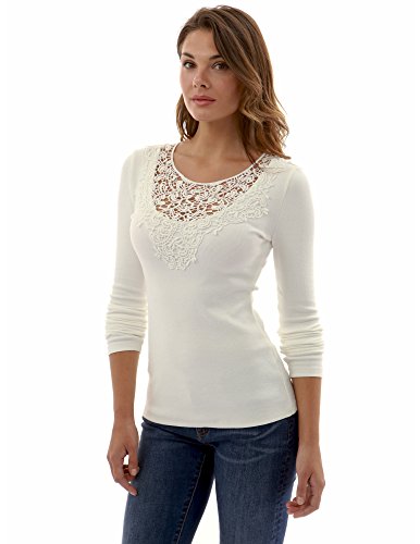 PattyBoutik Women's Scoop Neck Crochet Lace Inset Ribbed Blouse
