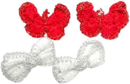 Little Miss Purple Set of 2 Pairs of Crocheted Butterfly and Bow Shaped Hair Clips for Kid Girls and Baby Girls - Red / White