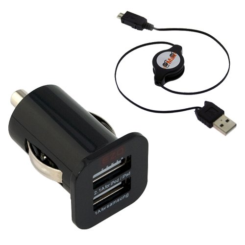 EZOPower Black High Output Dual USB Car Charger (1A/2.1A) - 3.1A Output Ideal + Micro USB Rectractable Data Cable for HTC One X Endeavor, One S Ville, Titan II, Vivid, Radar, Titan X310E, Wildfire S (CDMA), Rhyme /Bliss, EVO Design 4G (Kingdom)