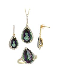 10k Gold Teardrop Dangle Earrings (26mm tall), Ring (17mm wide) & 18 in. Necklace SET, w/ Brilliant Cut Diamonds & Pear Cut Mystic Topaz Stones; Ring Size 5
