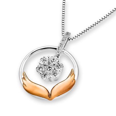 18K Rose And White Gold Diamond Angel Wing Pendant w/ Sterling Silver Chain (0.27 cttw, G-H Color, VS2-SI1 Clarity, 16\