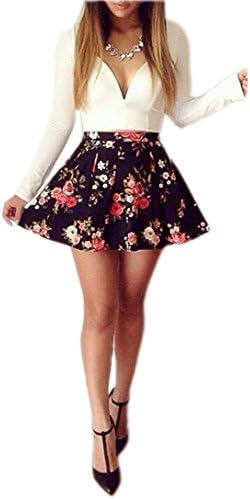 XFashion Women's Long Sleeve V-Neck Floral Print Pleated Dress Extra Small White