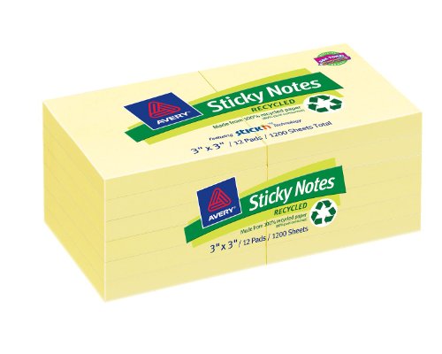Avery Recycled Sticky Notes, 3 x 3 Inches, Recycled Yellow, Removable, Pack of 1200 (22663)