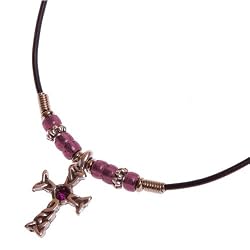 Precious Purple Austrian Crystal Cross Pendant on Black Cord Necklace