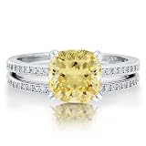 Sterling Silver 925 Cushion Cut Canary Cubic Zirconia CZ 2pc Ring Set - Nickel Free Engagement Wedding Ring Set