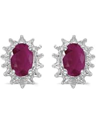 14k White Gold Oval Ruby And Diamond Earrings