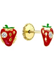 14K Yellow Gold Enamel & CZ Strawberry Stud Earrings for Little Girls & Babies