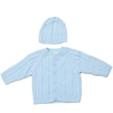 Elegant Baby 100% Cotton Blue Cable Sweater, Hat & Gift Card Size 0-6 Months Gift Boxed.