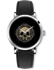 SPRAWL Aanalog Fashion Series Silver Ladies Watches of Genuine Black Leather Strap,Unique Wrist Watch for Women Girls Designed with Golden skull