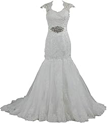 Beaded Lace Keyhole 2015 Cap Sleeves Mermaid Wedding Dress  With a Sash 