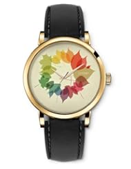 SPRAWL Aanalog Fashion Series Gold Ladies Watches of Genuine Black Leather Strap,Unique Wrist Watch for Women Girls Designed with Circle of Leaves