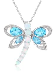 Sterling Silver Multi-Gems and Genuine White Diamonds Dragonfly Pendant Necklace, 18"