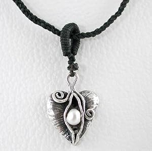 Heart Shaped Leaf Pendant with Pearl Gemstone Bead on a 16" Black Braided Choker Cord, #8815