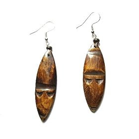 African Dan Mask Genuine Dark Bone Dangle Earrings