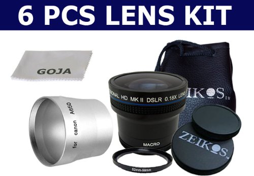 6 Pcs kit For Canon A650, includes: 0.18X 58mm Super Fisheye + Tube Adapter + Adapter Ring(52-58mm)+ Caps + Carry case + 1 Ultra Fine Microfiber Cleaning Cloth Goja Logo