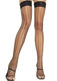 Vertical Striped Fishnet Lace Top Thigh Hi O/S BLACK
