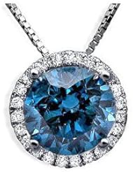 1.0ct Blue Round Diamond Solitaire Necklace Pendant 18k White Gold