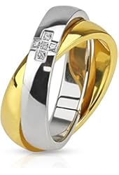 Cross with Paved CZ Combination of Gold IP Band Stainless Steel Ring