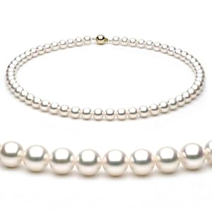 14k 7-7.5mm White Japanese Akoya Saltwater Cultured Pearl Necklace AAA Quality, 16 Inch Choker