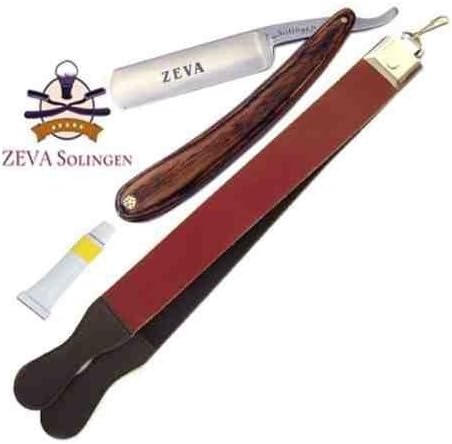 Men's Barber 3 Pieces Wood Cut Throat Straight Edge Razor Leather Sharpening Strop & Dovo Paste Shaving Set / Kit by ZEVA