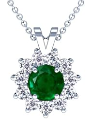14K White Gold Round Cut Emerald And Round Diamond Pendant (GIA Certificate)