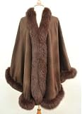 Chocolate Cashmere Cape Wrap Shawl with Fox Fur Trim (T-2)