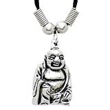 Lucky Buddha Solid Pewter Pendant on Black Neck Cord. Gift Boxed.