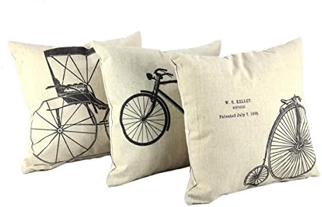 Mega TPC Home Decor Cotton Linen Square 3Pcs Pillowcase Set of 3 Vintage Bicycles Car Throw Pillow Sham Cushion Cover 18" x 18"