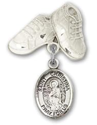 Sterling Silver Baby Badge with St. Christina the Astonishing Charm and Baby Boots Pin