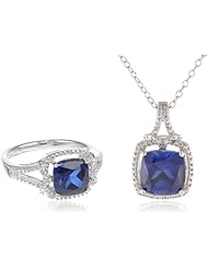 Sterling Silver Created Blue Sapphire with Diamond Pendant and Ring Set, Size 7