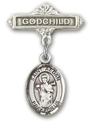 Sterling Silver Baby Badge with St. Aedan of Ferns Charm and Godchild Badge Pin