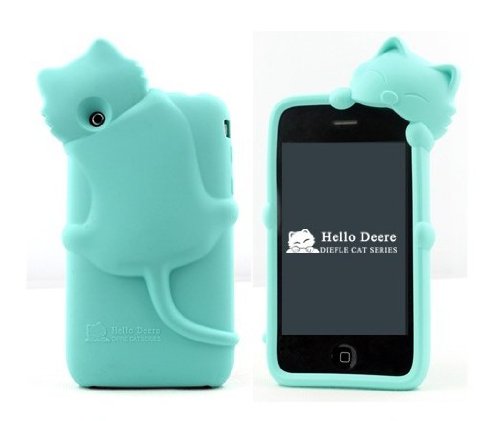 Mint 3D Cute Lovely Cartoon Cat Shy Case Cover For Apple iPhone 3G 3GS (Mint)