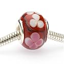 Murano Style Glass Lampwork Bead Fits Pandora Ruby Red W/Flowers 14mm (1)