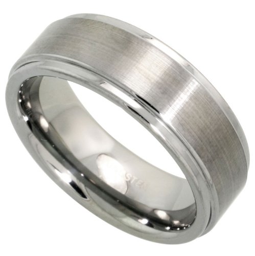 Tungsten Carbide 8 mm (5/16 in.) Comfort Fit Flat Wedding Band Ring Brushed Finish, Grooved Edges