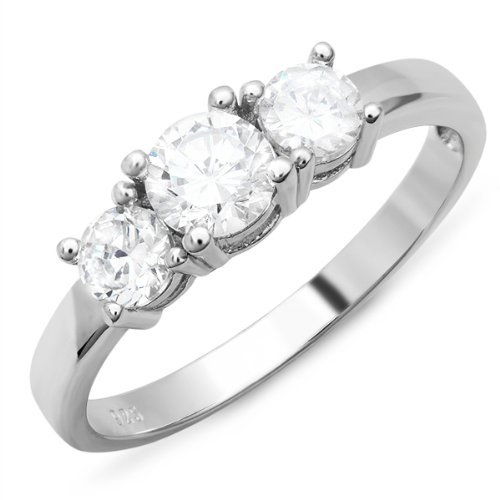 1.00 CT Sterling Silver Ladies White Round CZ Cubic Zirconia Three Stone Engagement Bridal Ring (Available in Size 6, 7, 8, 9)