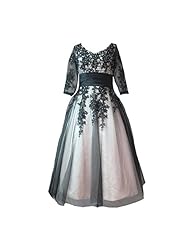 V-neck Polyester/Satin/Tulle Vintage Lace-Up Sheer Tea Length Elbow Length Sleeves Evening Dress/Party Dress 