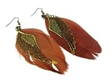 Chocolate Brown Angel Wing Feather Fashion Dangle Earrings, 3 1/2 