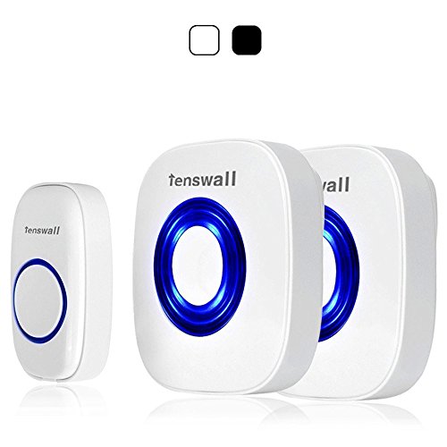 Tenswall Portable Wireless Door Bell Kit, 52 Chime Tones Operating at 1000ft/ 300m Range/ 1 Push Button (Transmitter) with 1 Plug-In Door Chime (AC Receiver) & 1 Battery-Powered Door Chime (DC Receiver) - White