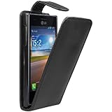 Black PU Leather Vertical Case for LG E610 Optimus L5 - High Quality Flip Phone Cover + 2 Screen Protectors