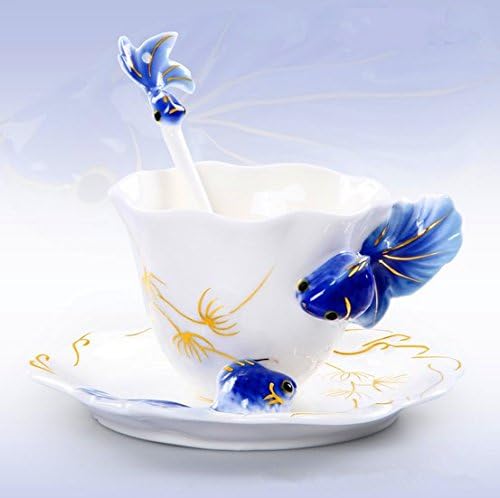 CANDACELL®Collectable Fine Arts China Porcelain Tea Cup and Saucer Coffee Cup Theme Romantic Creative Present/Rhinestone China Porcelain Tea Mug Coffee Cup and Saucer Set (Goldfish, Blue)