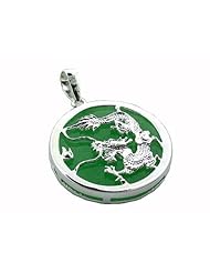 Green Jade Dragons Fury Pendant with Solid Bezel, 925 Sterling Silver