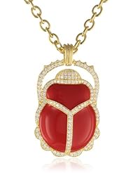 CZ by Kenneth Jay Lane Gold-Plated Coral Enamel and Cubic Zirconia Scarab Pendant Necklace