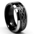 8MM Black & White Men`s Tungsten Ring with Laser Etched Tribal Design Sizes 7 to 12