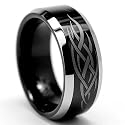 8MM Black & White Men's Tungsten Ring with Laser Etched Tribal Design Sizes 7 to 12